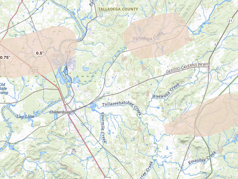 Radar-estimated hail-size map of the storm over Childersburg, AL on Aug 1, 2026