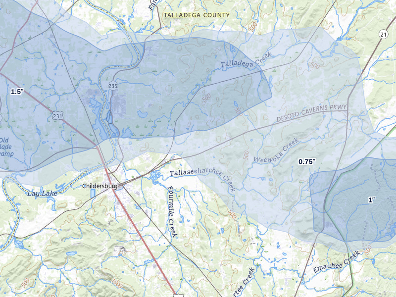 NEXRAD radar-signature map of the hail storm over Childersburg, AL on Aug 1, 2026