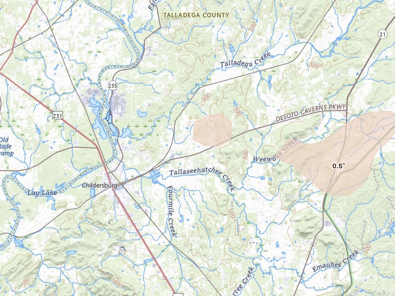 Radar-estimated hail-size map of the storm over Childersburg, AL on Aug 10, 2026
