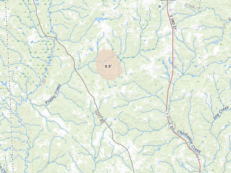 Radar-estimated hail-size map of the storm over Chunchula, AL on Feb 21, 2026