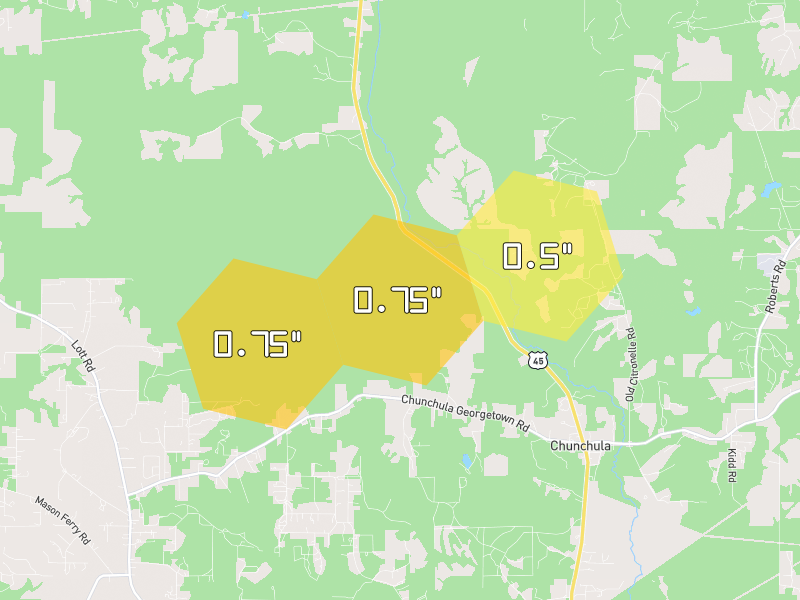 Hail map of Chunchula, AL on Jun 2, 2026, hail up to 0.75"