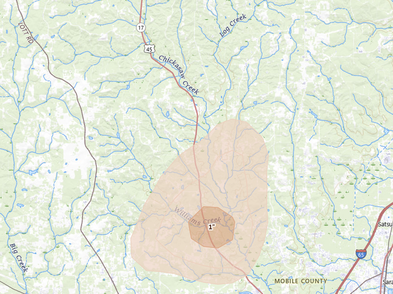 Radar-estimated hail-size map of the storm over Chunchula, AL on Aug 17, 2026