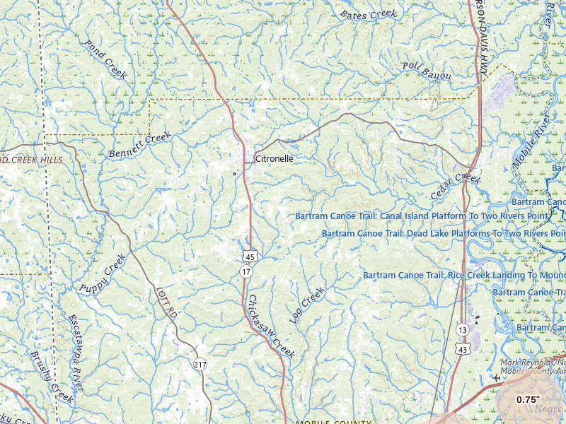 Radar-estimated hail-size map of the storm over Citronelle, AL on Mar 15, 2026
