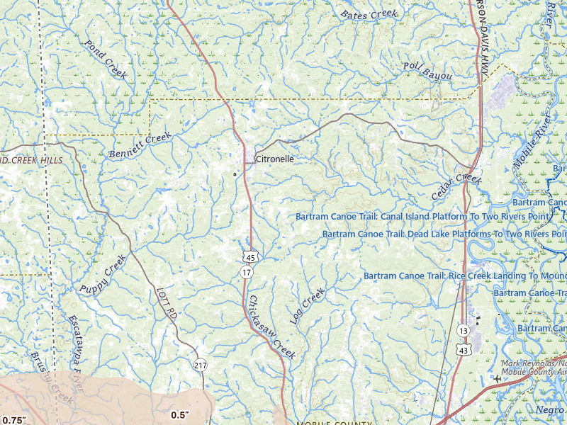 Radar-estimated hail-size map of the storm over Citronelle, AL on May 8, 2026