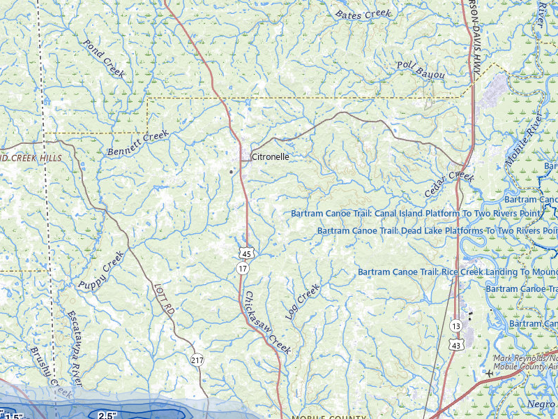 NEXRAD radar-signature map of the hail storm over Citronelle, AL on May 8, 2026