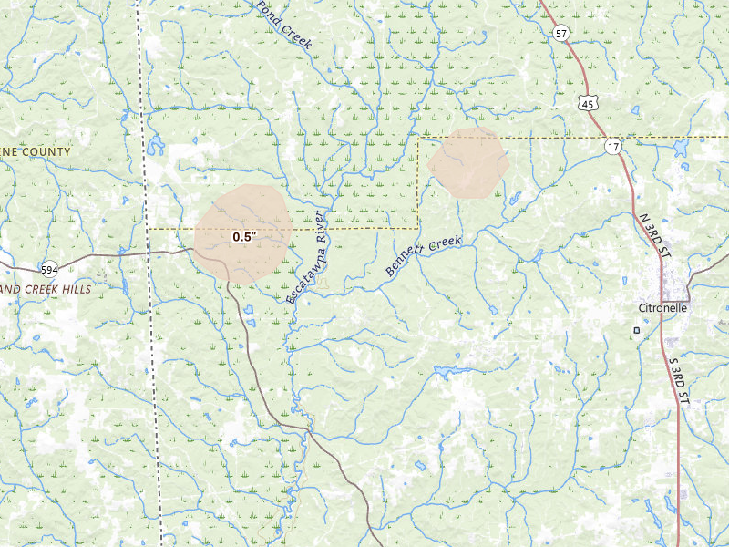 Radar-estimated hail-size map of the storm over Citronelle, AL on Aug 8, 2026