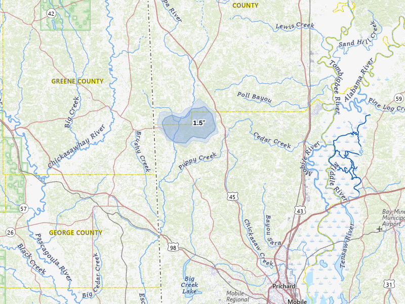 NEXRAD radar-signature map of the hail storm over Citronelle, AL on Aug 8, 2026