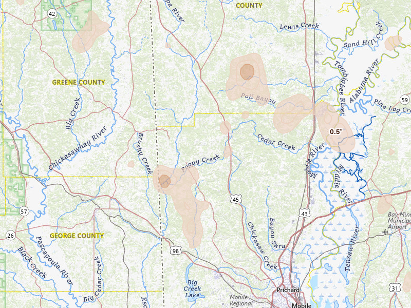 Radar-estimated hail-size map of the storm over Citronelle, AL on Aug 18, 2026