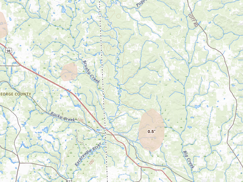 Radar-estimated hail-size map of the storm over Citronelle, AL on Aug 19, 2026