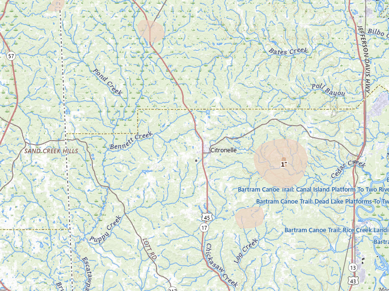 Radar-estimated hail-size map of the storm over Citronelle, AL on Aug 20, 2026