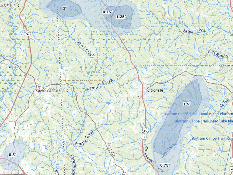 NEXRAD radar-signature map of the hail storm over Citronelle, AL on Aug 20, 2026