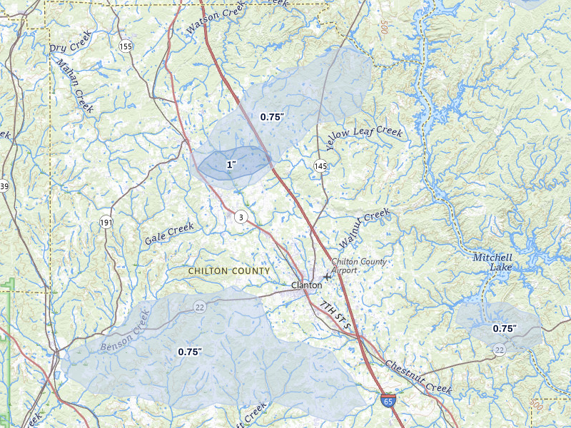 NEXRAD radar-signature map of the hail over Clanton, AL
