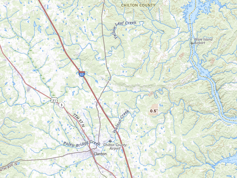 Radar-estimated hail-size map of the storm over Clanton, AL on May 23, 2026