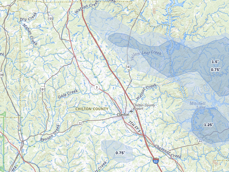 NEXRAD radar-signature map of the hail storm over Clanton, AL on Jul 1, 2026