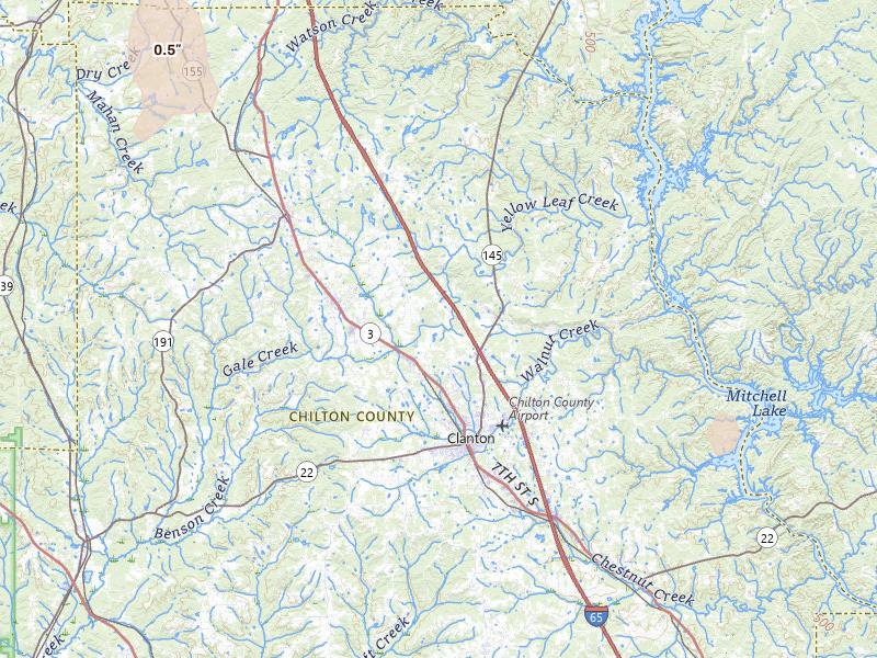 Radar-estimated hail-size map of the storm over Clanton, AL on Jul 6, 2026