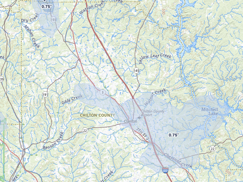 NEXRAD radar-signature map of the hail storm over Clanton, AL on Jul 6, 2026