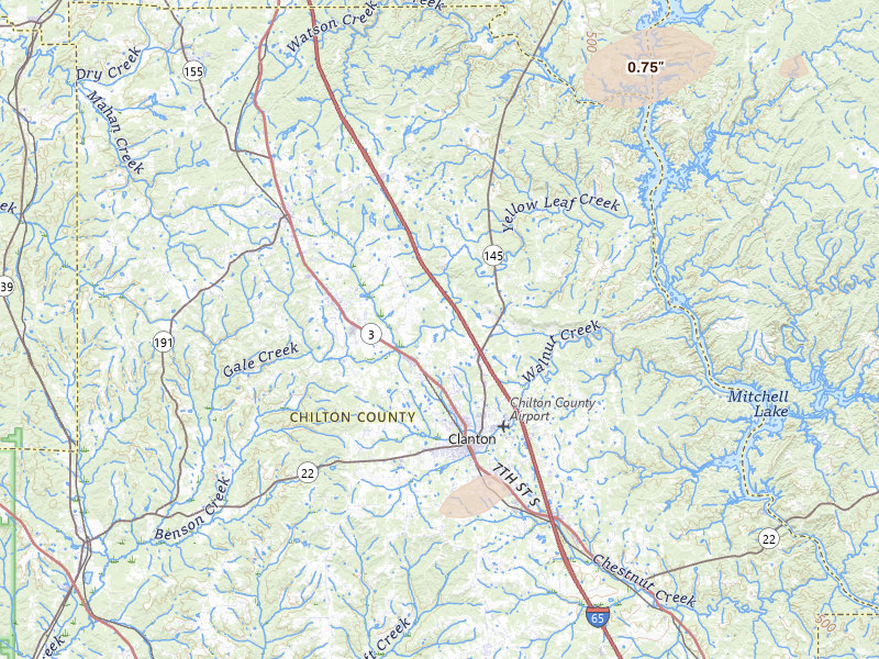 Radar-estimated hail-size map of the storm over Clanton, AL on Jul 9, 2026