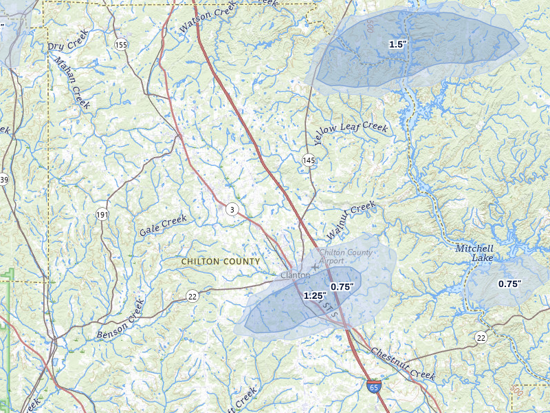 NEXRAD radar-signature map of the hail storm over Clanton, AL on Jul 9, 2026