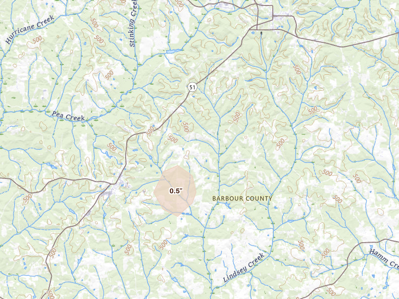 Radar-estimated hail-size map of the storm over Clayton, AL on May 23, 2026