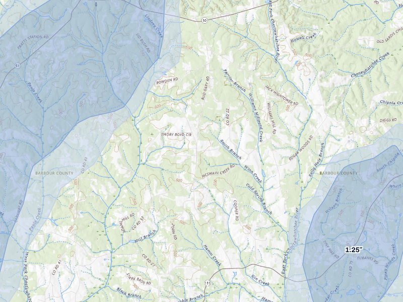 NEXRAD radar-signature map of the hail storm over Clayton, AL on Sep 6, 2026