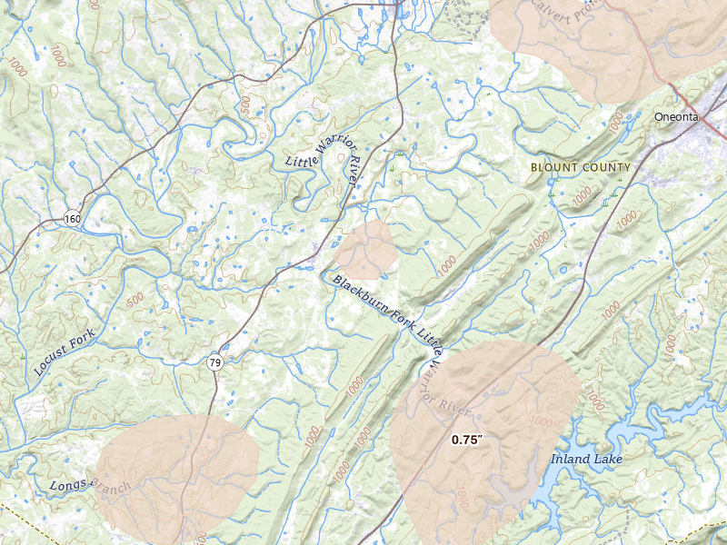 Radar-estimated hail-size map of the storm over Cleveland, AL on Jul 3, 2026
