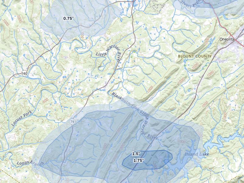 NEXRAD radar-signature map of the hail storm over Cleveland, AL on Jul 3, 2026