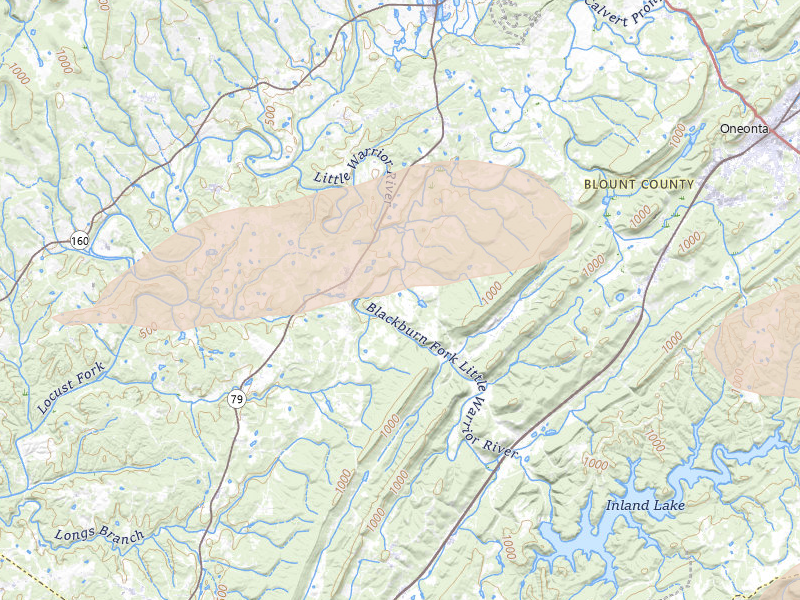 Radar-estimated hail-size map of the storm over Cleveland, AL on Jul 5, 2026