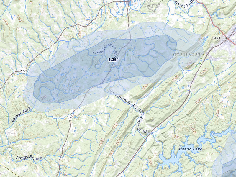 NEXRAD radar-signature map of the hail storm over Cleveland, AL on Jul 5, 2026