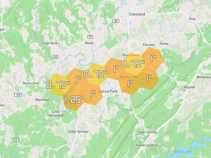 Hail map of Cleveland, AL on Jul 5, 2026, hail up to 1.25"