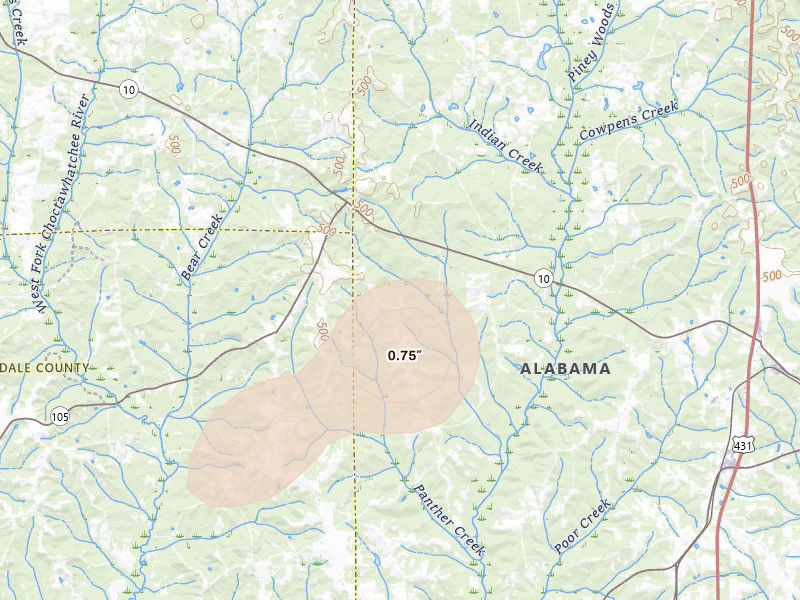 Radar-estimated hail-size map of the storm over Clopton, AL on Mar 31, 2026