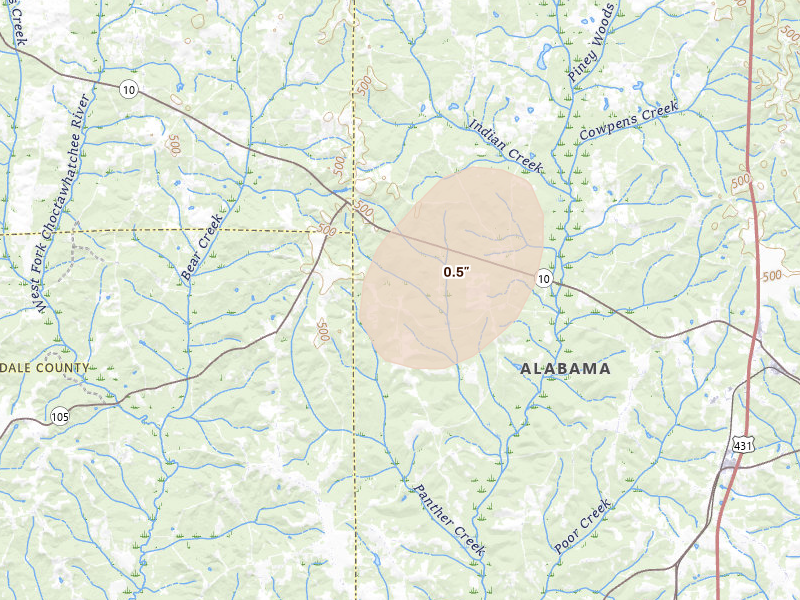 Radar-estimated hail-size map of the storm over Clopton, AL on Aug 2, 2026