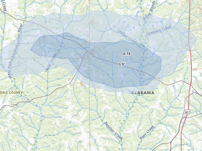 NEXRAD radar-signature map of the hail storm over Clopton, AL on Aug 2, 2026