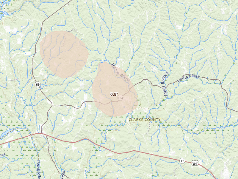 Radar-estimated hail-size map of the storm over Coffeeville, AL on Jul 31, 2026