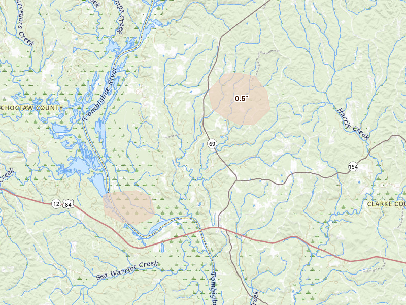 Radar-estimated hail-size map of the storm over Coffeeville, AL on Aug 18, 2026