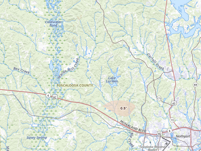 Radar-estimated hail-size map of the storm over Coker, AL on Apr 29, 2026