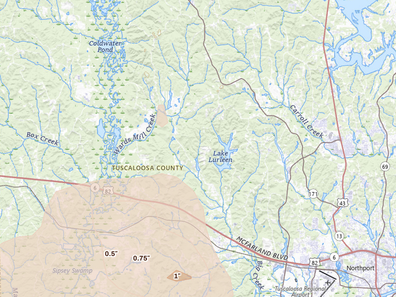 Radar-estimated hail-size map of the storm over Coker, AL on Jul 1, 2026