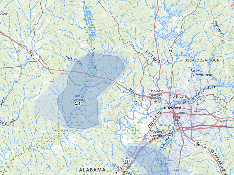 NEXRAD radar-signature map of the hail over Coker, AL