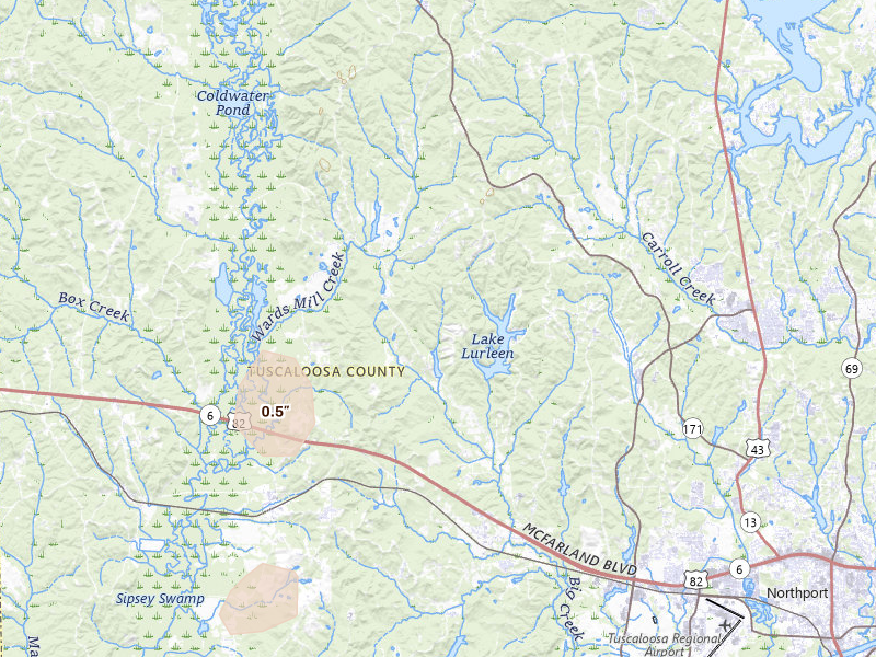 Radar-estimated hail-size map of the storm over Coker, AL on Jul 3, 2026