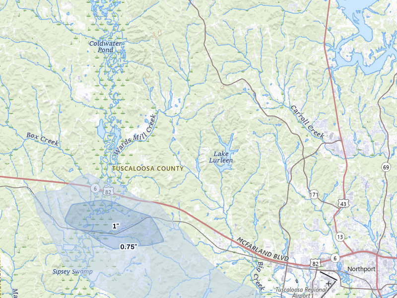 NEXRAD radar-signature map of the hail over Coker, AL