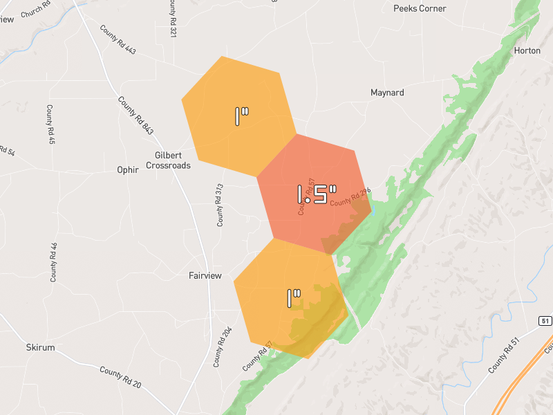 Hail map of Collinsville, AL on Jul 1, 2026, hail up to 1.5"