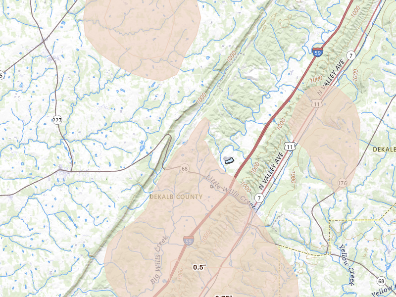 Radar-estimated hail-size map of the storm over Collinsville, AL on Aug 20, 2026