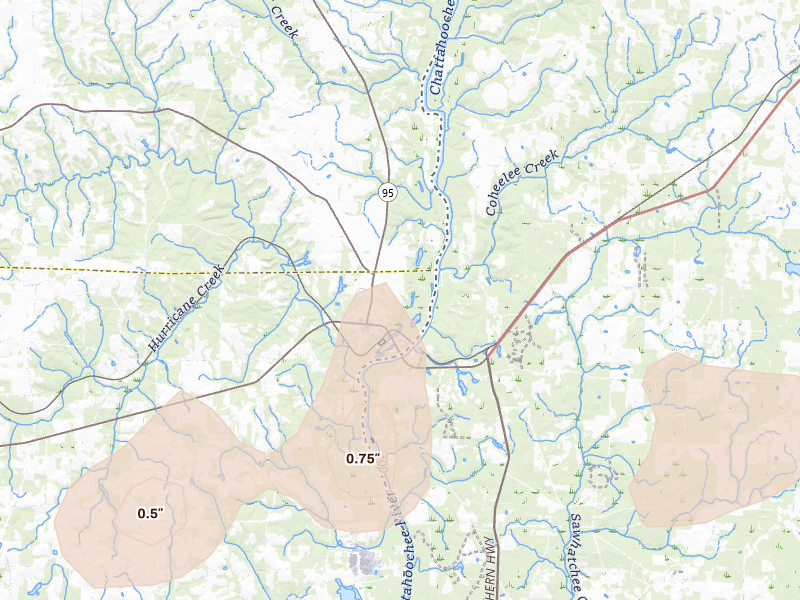 Radar-estimated hail-size map of the storm over Columbia, AL on Jul 7, 2026