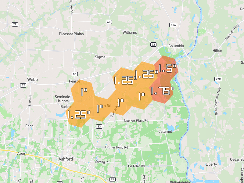 Hail map of Columbia, AL on Jul 7, 2026, hail up to 1.75"