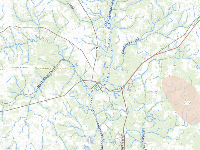 Radar-estimated hail-size map of the storm over Columbia, AL on Jul 30, 2026