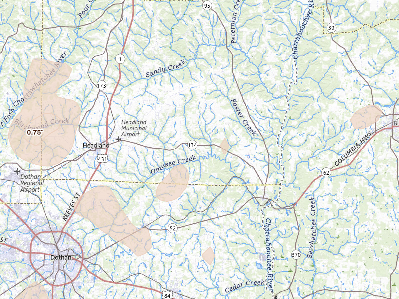Radar-estimated hail-size map of the storm over Columbia, AL on Aug 21, 2026