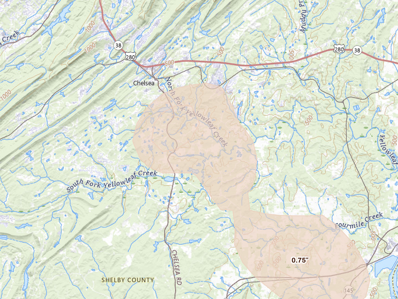 Radar-estimated hail-size map of the storm over Columbiana, AL on Jun 1, 2026