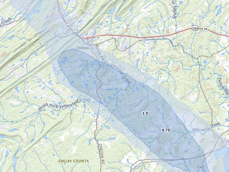 NEXRAD radar-signature map of the hail over Columbiana, AL