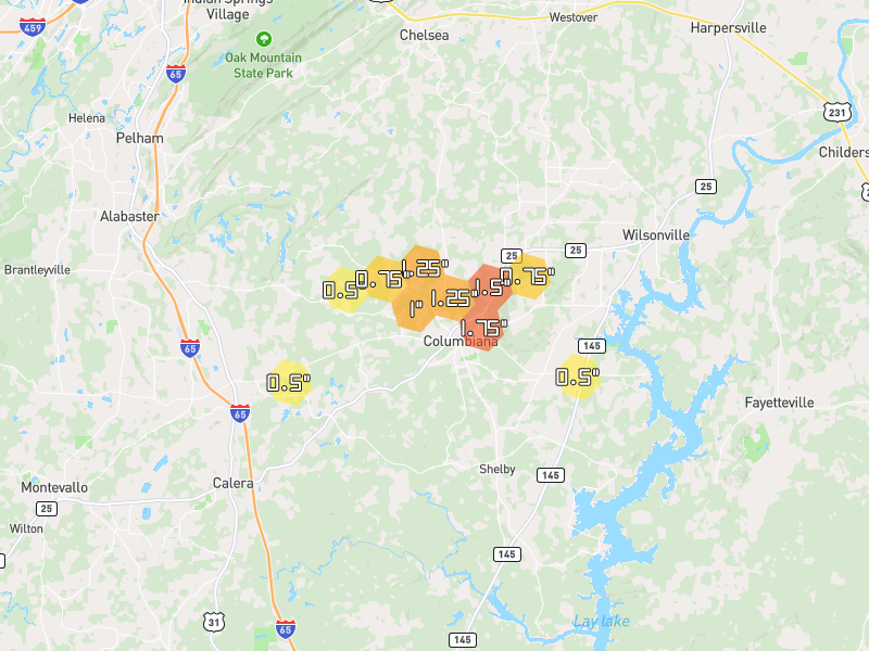 Hail map of Columbiana, AL on Jul 1, 2026, hail up to 1.75"