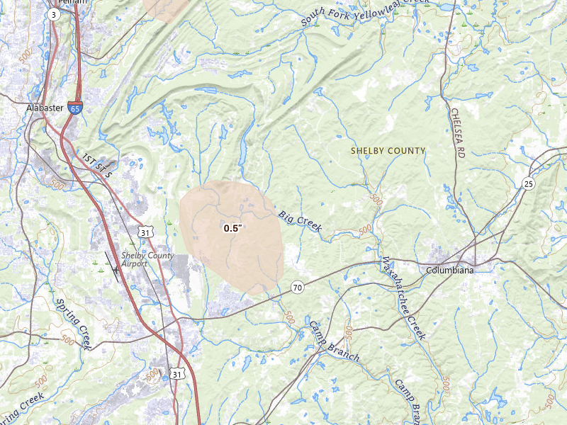 Radar-estimated hail-size map of the storm over Columbiana, AL on Aug 21, 2026