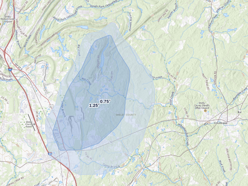 NEXRAD radar-signature map of the hail storm over Columbiana, AL on Aug 21, 2026